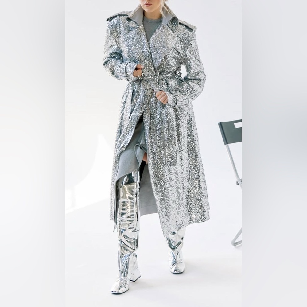 Norma Kamala Silver Sequin Trench Coat jacket dressy runway XS